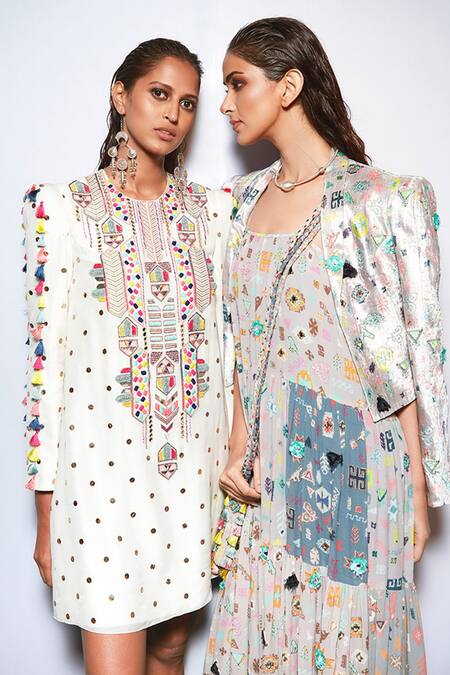 Shop Payal Singhal White Silk Embroidery Mukaish And Thread Round Adalia Dress Online at Aza Fashions Shop_Payal Singhal_White Silk Embroidery Mukaish And Thread Round Adalia Dress _Online_at_Aza_Fashions