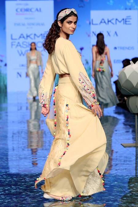 Payal Singhal_Yellow Georgette Thread Round Abisha Crop Top With Skirt _Online_at_Aza_Fashions