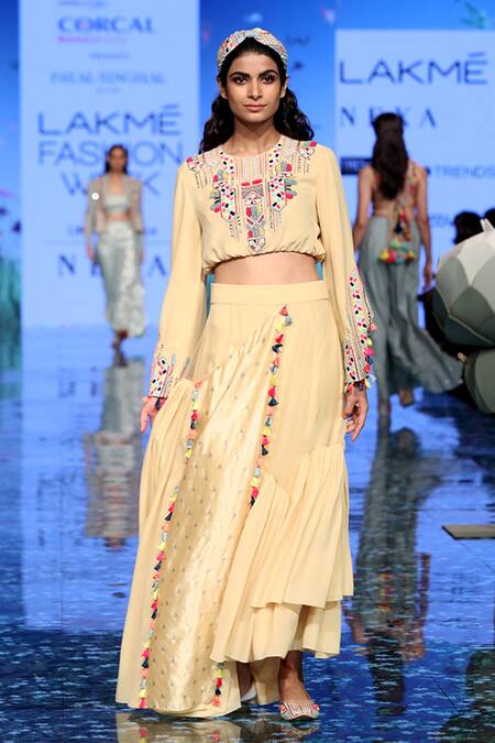 Buy_Payal Singhal_Yellow Georgette Thread Round Abisha Crop Top With Skirt _Online_at_Aza_Fashions