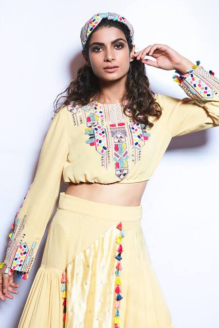 Shop_Payal Singhal_Yellow Georgette Thread Round Abisha Crop Top With Skirt _Online_at_Aza_Fashions