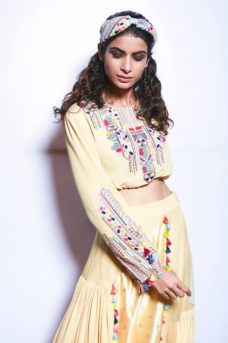 Payal Singhal_Yellow Georgette Thread Round Abisha Crop Top With Skirt _at_Aza_Fashions