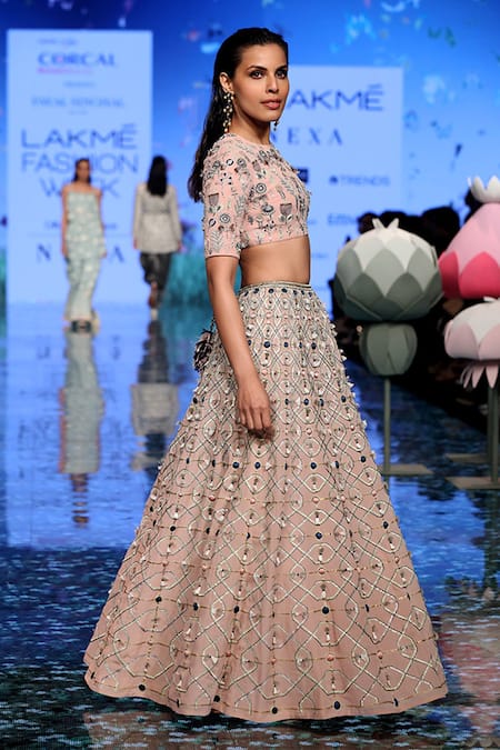 Payal Singhal_Pink Georgette Thread Round Sasha Embroidered Lehenga Set _Online_at_Aza_Fashions