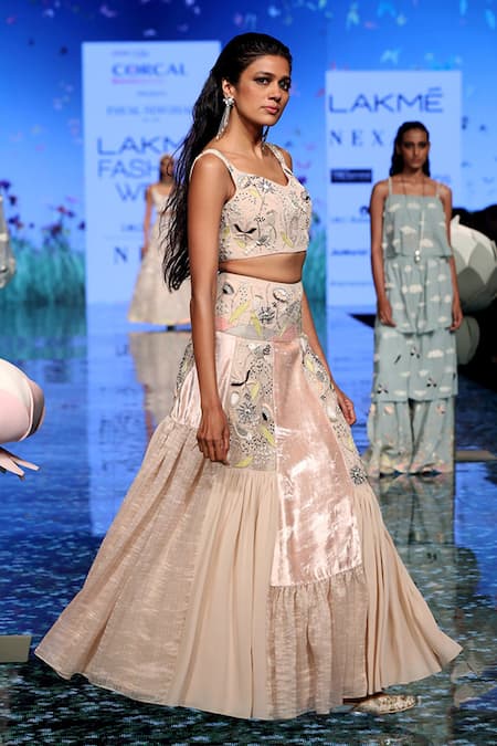 Payal Singhal_Beige Velvet Thread V Neck Paniz Embroidered Lehenga Set _Online_at_Aza_Fashions