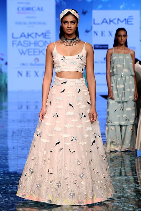 Payal Singhal Pink Organza Thread Round Nesma Embroidered Lehenga Set 