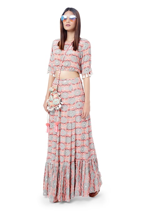 Payal Singhal_Pink Crepe Abstract Print And Mirror Work Round Farzin Crop Top & Skirt Set _Online_at_Aza_Fashions