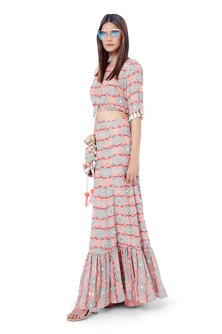 Buy_Payal Singhal_Pink Crepe Abstract Print And Mirror Work Round Farzin Crop Top & Skirt Set _Online_at_Aza_Fashions