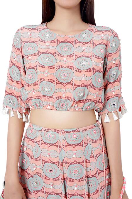 Shop_Payal Singhal_Pink Crepe Abstract Print And Mirror Work Round Farzin Crop Top & Skirt Set _Online_at_Aza_Fashions