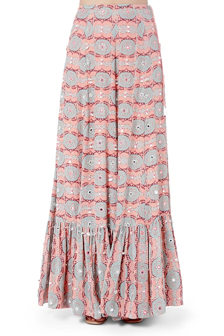 Payal Singhal_Pink Crepe Abstract Print And Mirror Work Round Farzin Crop Top & Skirt Set _at_Aza_Fashions