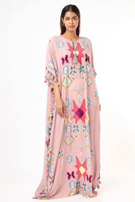 Payal Singhal Pink Crepe Printed Ikat Star Round Kaftan
