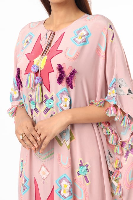 Payal Singhal_Pink Crepe Printed Ikat Star Round Kaftan _Online_at_Aza_Fashions