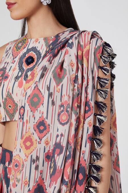 Payal Singhal Red Crepe, Art Georgette Ikat Tribe Patterns Round Dhoti Saree With Print Top Online at Aza Fashions Payal Singhal_Red Crepe, Art Georgette Ikat Tribe Patterns Round Dhoti Saree With Print Top _Online_at_Aza_Fashions