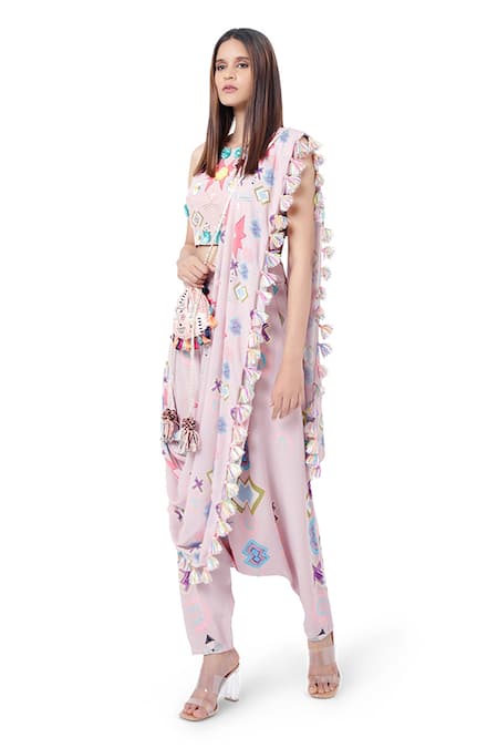 Payal Singhal_Pink Crepe Abstract Print And Thread Round Shiza Blouse & Pant Set _Online_at_Aza_Fashions