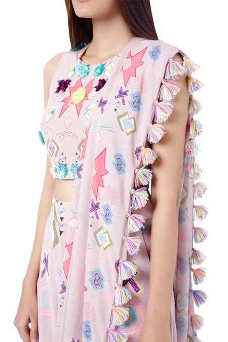 Buy_Payal Singhal_Pink Crepe Abstract Print And Thread Round Shiza Blouse & Pant Set _Online_at_Aza_Fashions