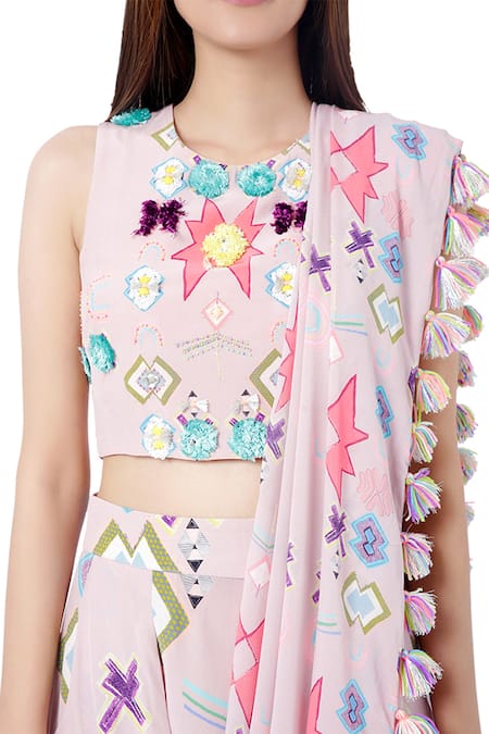 Shop_Payal Singhal_Pink Crepe Abstract Print And Thread Round Shiza Blouse & Pant Set _Online_at_Aza_Fashions