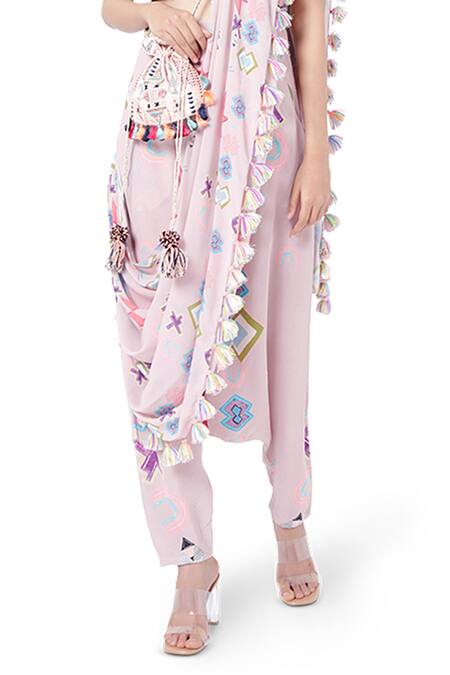 Payal Singhal_Pink Crepe Abstract Print And Thread Round Shiza Blouse & Pant Set _at_Aza_Fashions