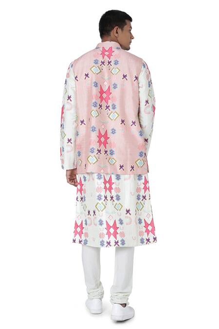 PS Men by Payal Singhal Pink Silk Mul Printed Ikat Star Bundi And Kurta Set   2