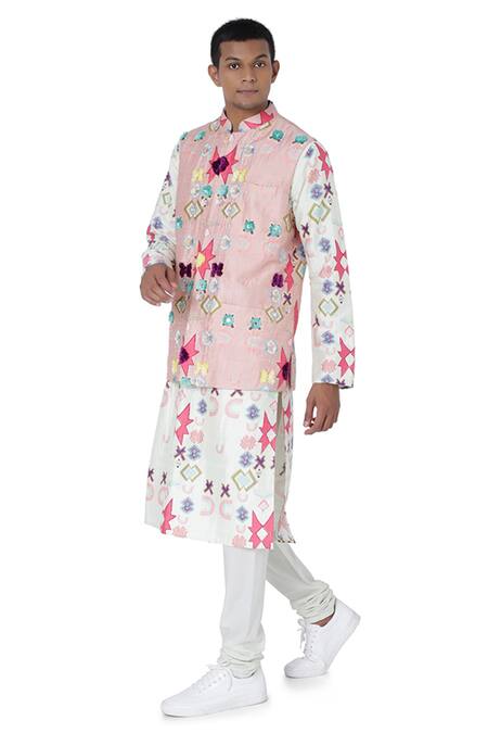 PS Men by Payal Singhal Pink Silk Mul Printed Ikat Star Bundi And Kurta Set   3