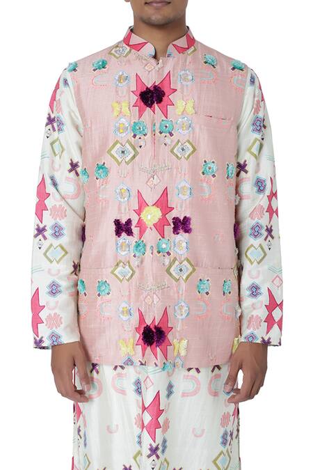 PS Men by Payal Singhal Pink Silk Mul Printed Ikat Star Bundi And Kurta Set   5