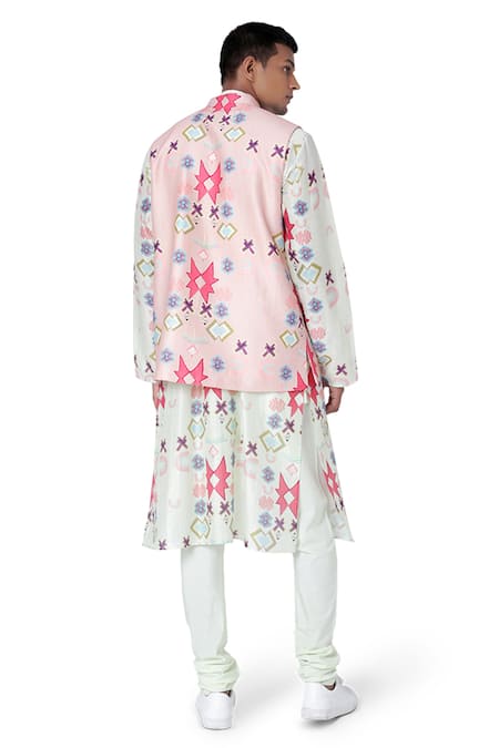 Shop PS Men By Payal Singhal Pink Dupion , Cotton , Mul Ikat Star Print Bundi And Kurta Set at Aza Fashions Shop_PS Men By Payal Singhal_Pink Dupion , Cotton , Mul Ikat Star Print Bundi And Kurta Set _at_Aza_Fashions