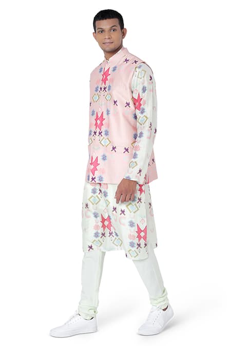 PS Men By Payal Singhal Pink Dupion , Cotton , Mul Ikat Star Print Bundi And Kurta Set Online at Aza Fashions PS Men By Payal Singhal_Pink Dupion , Cotton , Mul Ikat Star Print Bundi And Kurta Set _Online_at_Aza_Fashions