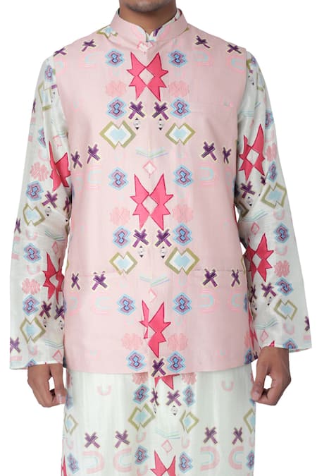 Buy PS Men By Payal Singhal Pink Dupion , Cotton , Mul Ikat Star Print Bundi And Kurta Set Online at Aza Fashions Buy_PS Men By Payal Singhal_Pink Dupion , Cotton , Mul Ikat Star Print Bundi And Kurta Set _Online_at_Aza_Fashions