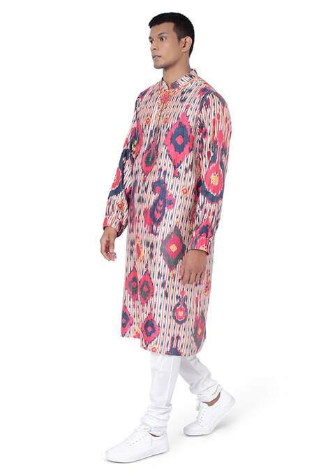 PS Men By Payal Singhal_Red Dupion , Cotton Ikat Tribe Print Kurta Set_Online_at_Aza_Fashions