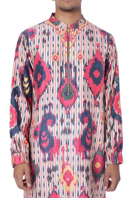 Buy_PS Men By Payal Singhal_Red Dupion , Cotton Ikat Tribe Print Kurta Set_Online_at_Aza_Fashions