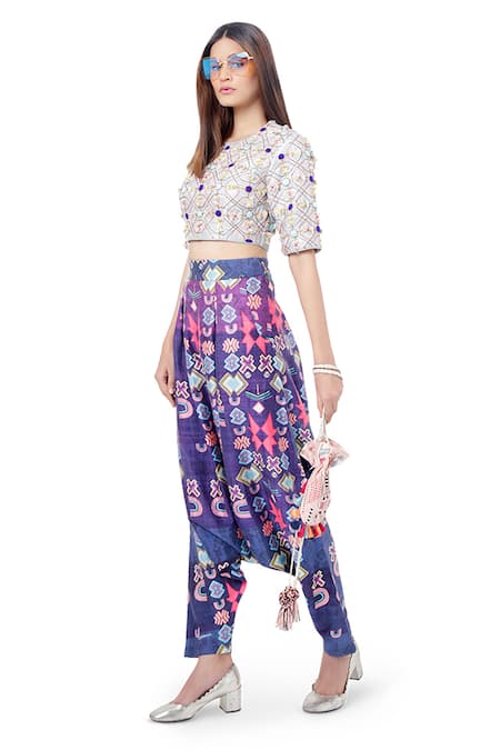 Payal Singhal_Purple Dupion Silk Abstract Print And Thread Round Abia Crop Top & Pant Set _Online_at_Aza_Fashions