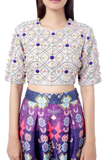 Buy_Payal Singhal_Purple Dupion Silk Abstract Print And Thread Round Abia Crop Top & Pant Set _Online_at_Aza_Fashions