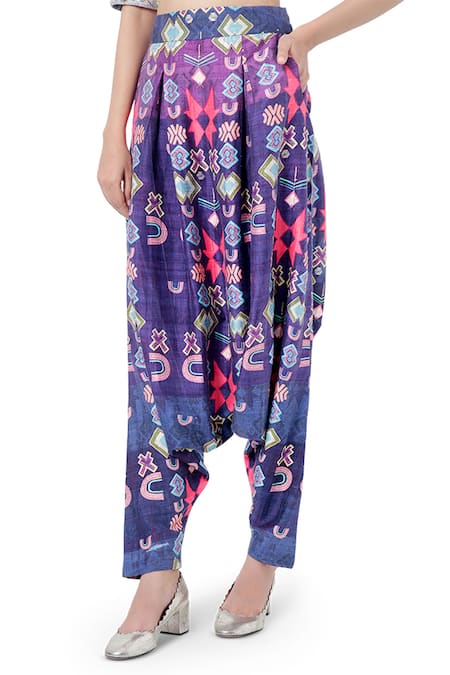 Shop_Payal Singhal_Purple Dupion Silk Abstract Print And Thread Round Abia Crop Top & Pant Set _Online_at_Aza_Fashions