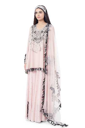 Payal Singhal_Pink Georgette Mukaish And Thread Round Aizza Embroidered Kurta Sharara Set _Online_at_Aza_Fashions