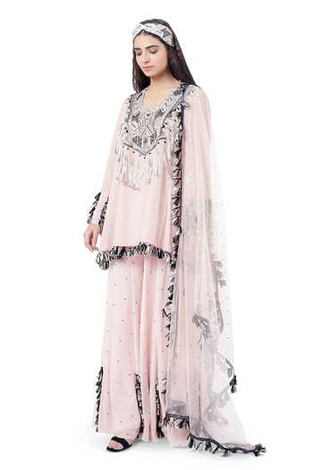 Buy_Payal Singhal_Pink Georgette Mukaish And Thread Round Aizza Embroidered Kurta Sharara Set _Online_at_Aza_Fashions