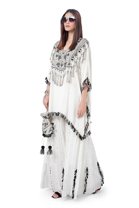 Buy_Payal Singhal_White Georgette Thread V Neck Amaya Kaftan With Sharara _Online_at_Aza_Fashions