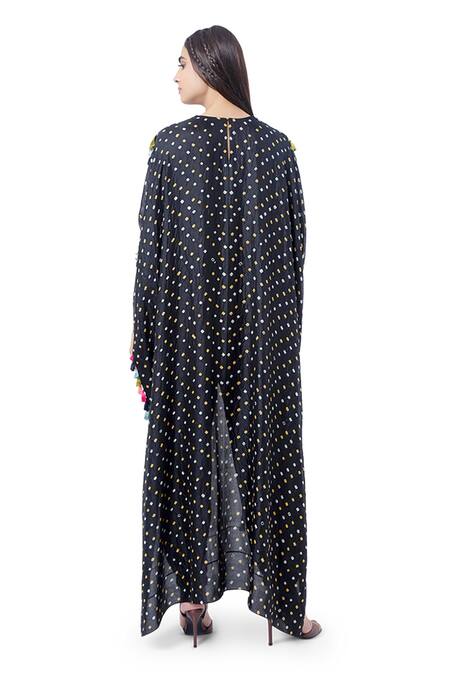 Shop Payal Singhal Black Silk Bandhani Print And Thread Round Aizize Kaftan With Jogger Pant at Aza Fashions Shop_Payal Singhal_Black Silk Bandhani Print And Thread Round Aizize Kaftan With Jogger Pant_at_Aza_Fashions