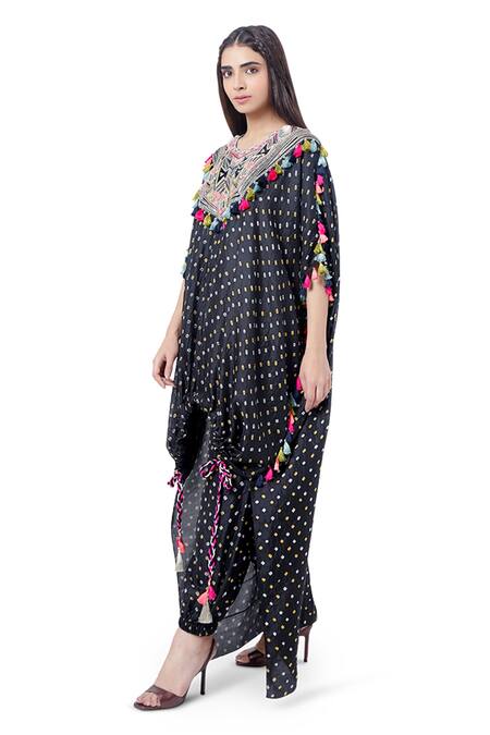 Payal Singhal Black Silk Bandhani Print And Thread Round Aizize Kaftan With Jogger Pant Online at Aza Fashions Payal Singhal_Black Silk Bandhani Print And Thread Round Aizize Kaftan With Jogger Pant_Online_at_Aza_Fashions