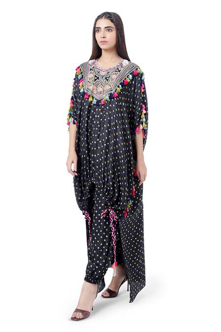 Buy Payal Singhal Black Silk Bandhani Print And Thread Round Aizize Kaftan With Jogger Pant Online at Aza Fashions Buy_Payal Singhal_Black Silk Bandhani Print And Thread Round Aizize Kaftan With Jogger Pant_Online_at_Aza_Fashions