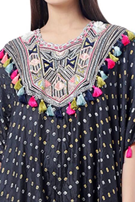 Shop Payal Singhal Black Silk Bandhani Print And Thread Round Aizize Kaftan With Jogger Pant Online at Aza Fashions Shop_Payal Singhal_Black Silk Bandhani Print And Thread Round Aizize Kaftan With Jogger Pant_Online_at_Aza_Fashions