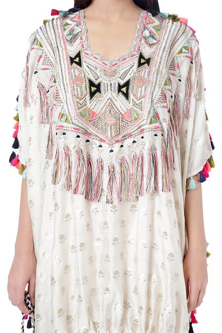 Shop_Payal Singhal_White Chanderi Silk Thread Round Duha Kaftan With Jogger Pant _Online_at_Aza_Fashions