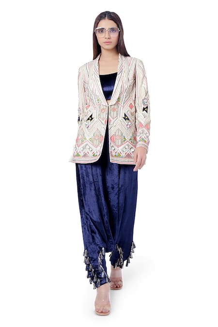 Buy_Payal Singhal_White Georgette Thread Collared Neck Fariat Embroidered Jacket And Pant Set _Online_at_Aza_Fashions