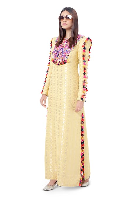 Payal Singhal_Yellow Brocade Thread Round Hasana Kaftan_Online_at_Aza_Fashions