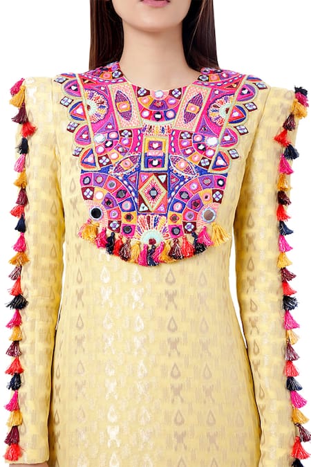 Buy_Payal Singhal_Yellow Brocade Thread Round Hasana Kaftan_Online_at_Aza_Fashions