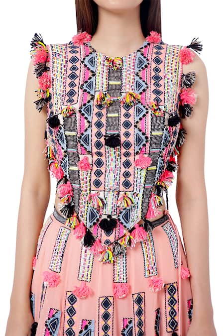 Payal Singhal_Pink Georgette Thread Round Idris Embroidered Lehenga Set _Online_at_Aza_Fashions