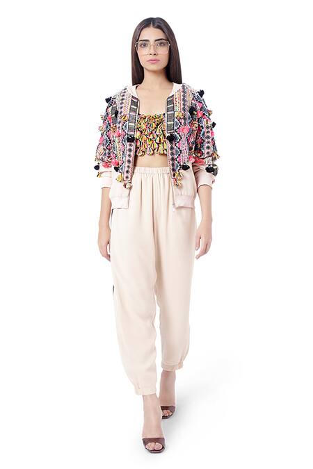 Payal Singhal_Beige Georgette Embroidery Thread Mahah Bomber Jacket With Pants _Online_at_Aza_Fashions