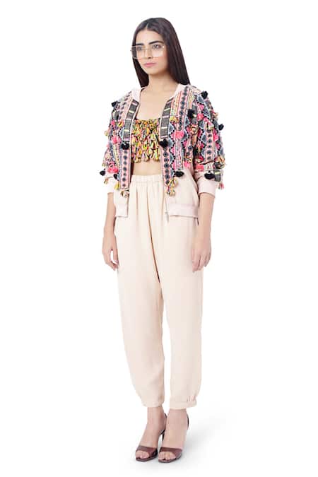 Buy_Payal Singhal_Beige Georgette Embroidery Thread Mahah Bomber Jacket With Pants _Online_at_Aza_Fashions