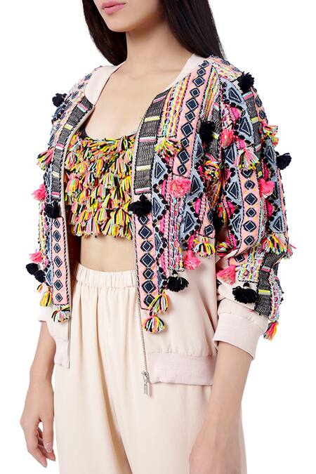 Shop_Payal Singhal_Beige Georgette Embroidery Thread Mahah Bomber Jacket With Pants _Online_at_Aza_Fashions