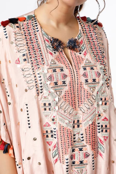 Payal Singhal_Pink Silk Embroidered Mukaish Work Round Kaftan And Jogger Pant Set _Online_at_Aza_Fashions