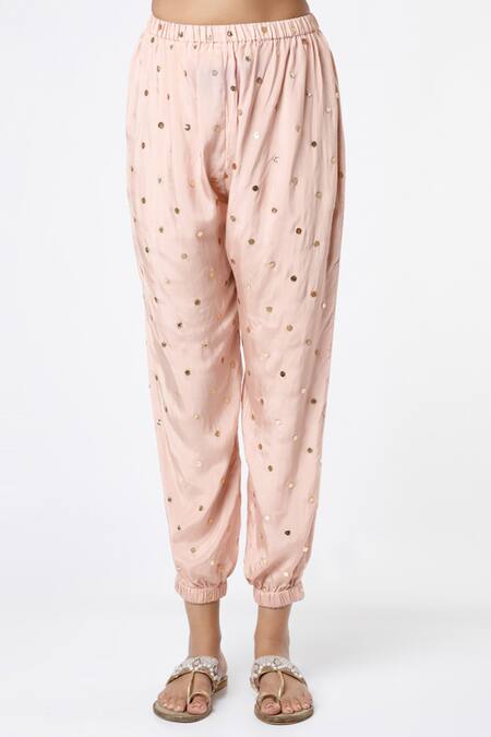 Buy_Payal Singhal_Pink Silk Embroidered Mukaish Work Round Kaftan And Jogger Pant Set _Online_at_Aza_Fashions