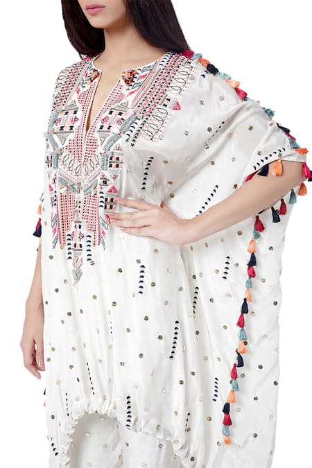 Buy_Payal Singhal_White Silk Thread And Mukaish Notched Maliha Kaftna With Jogger Pant _Online_at_Aza_Fashions