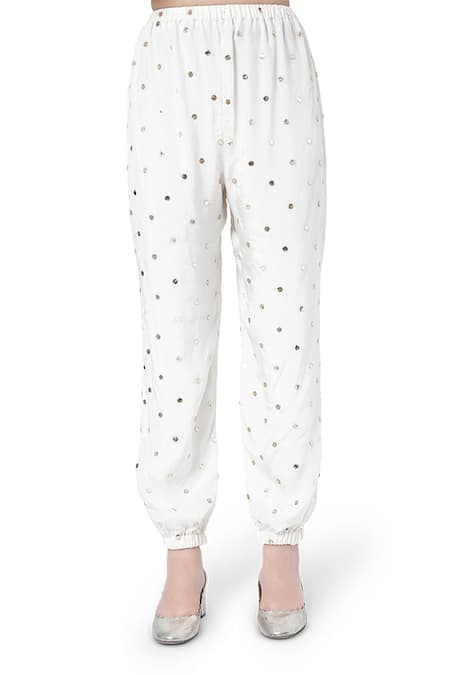 Shop_Payal Singhal_White Silk Thread And Mukaish Notched Maliha Kaftna With Jogger Pant _Online_at_Aza_Fashions