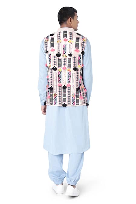 Shop_PS Men By Payal Singhal_Beige Dupion Silk Embroidered Geometric Bundi And Denim Kurta Set _at_Aza_Fashions